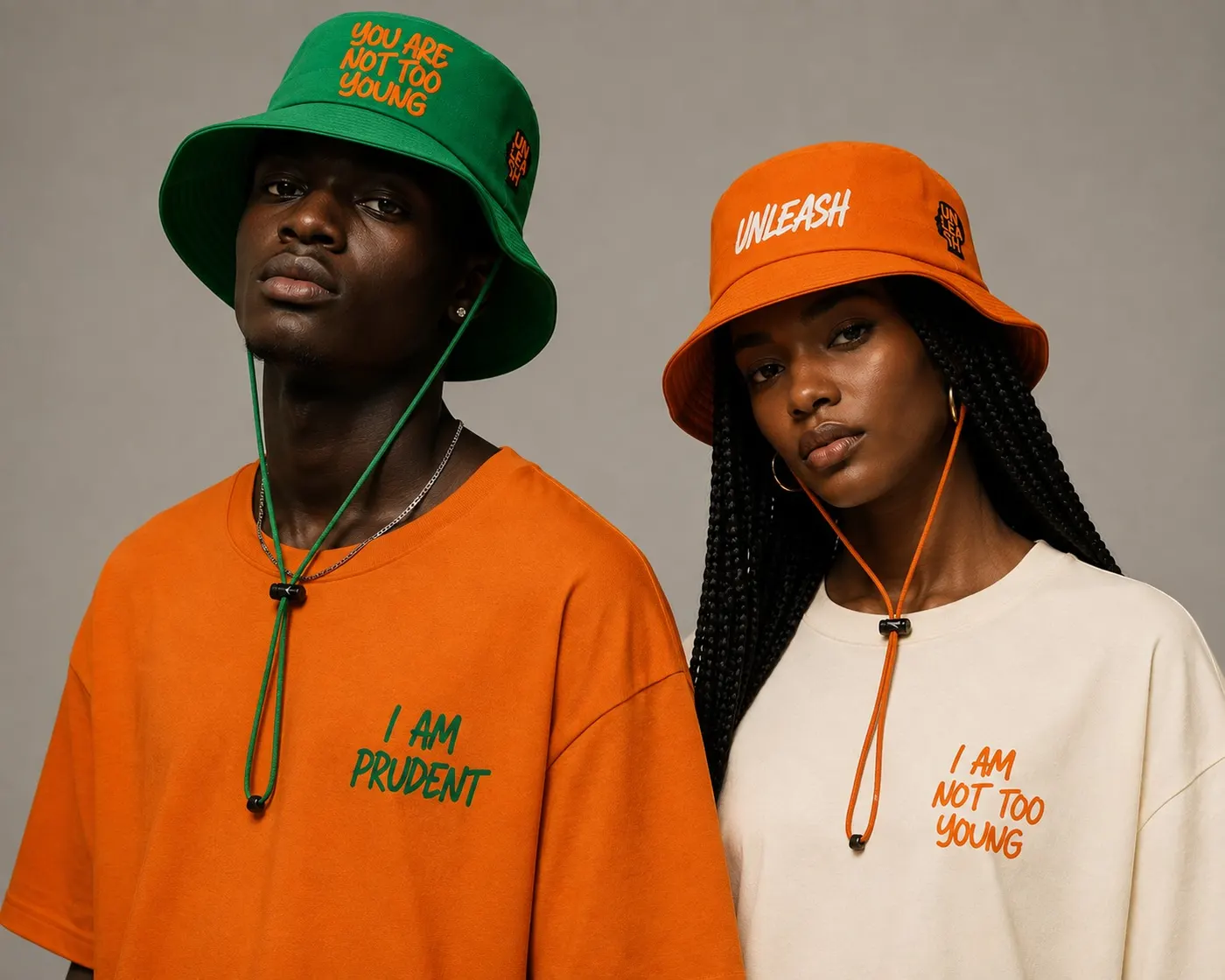 Two people wearing UNLEASH bucket hats and t-shirts